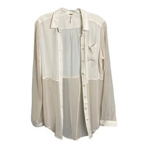 Free People Womens Sz S Button-Down Blouse Sheer Bottom Chiffon Cream Shirt